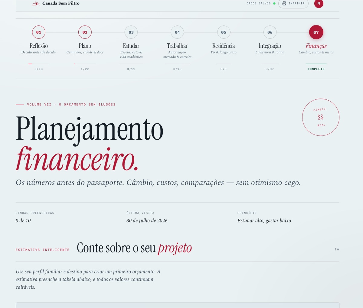 Tela de planejamento financeiro do Diário de Bordo