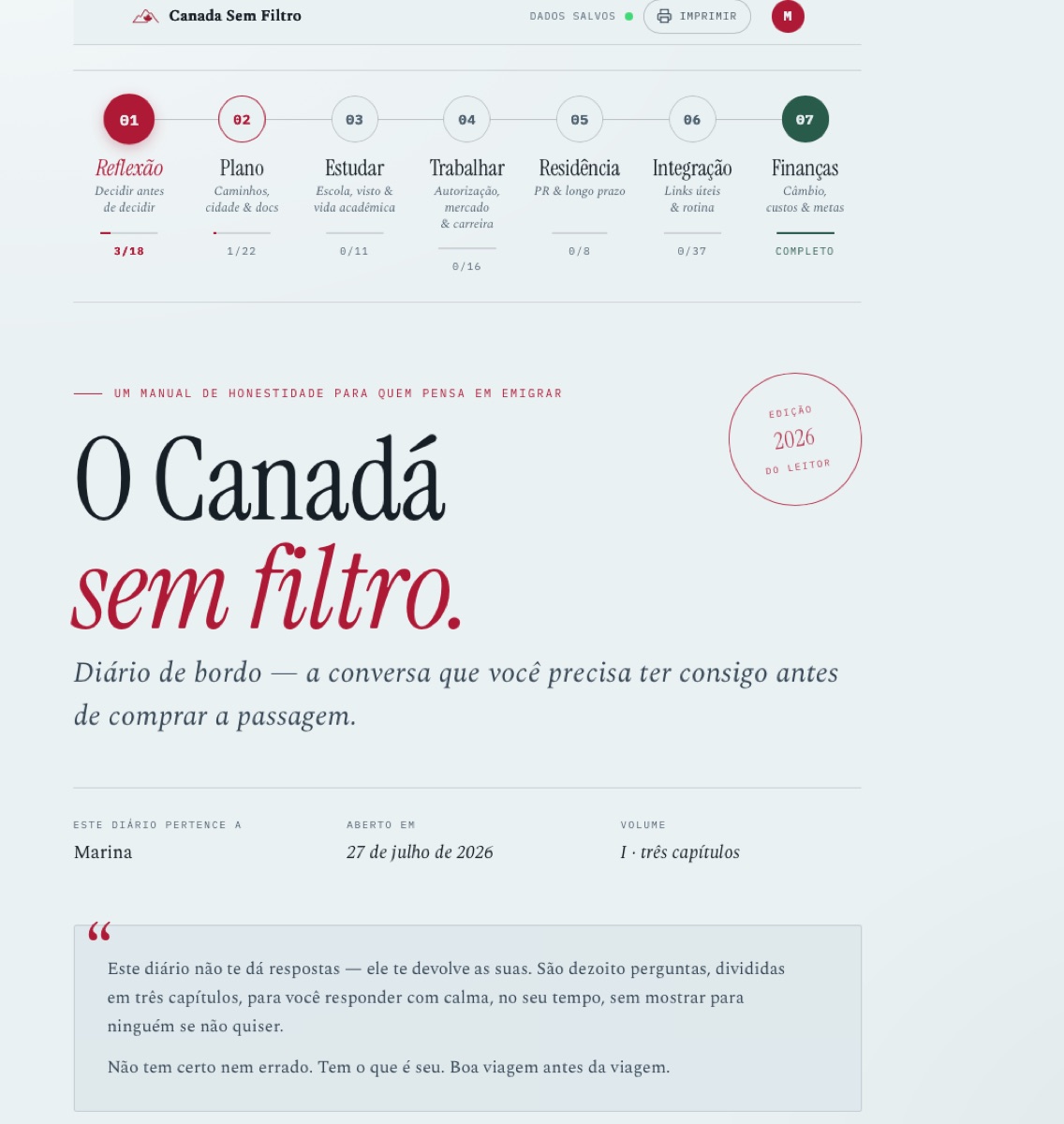 Tela de reflexão do Diário de Bordo