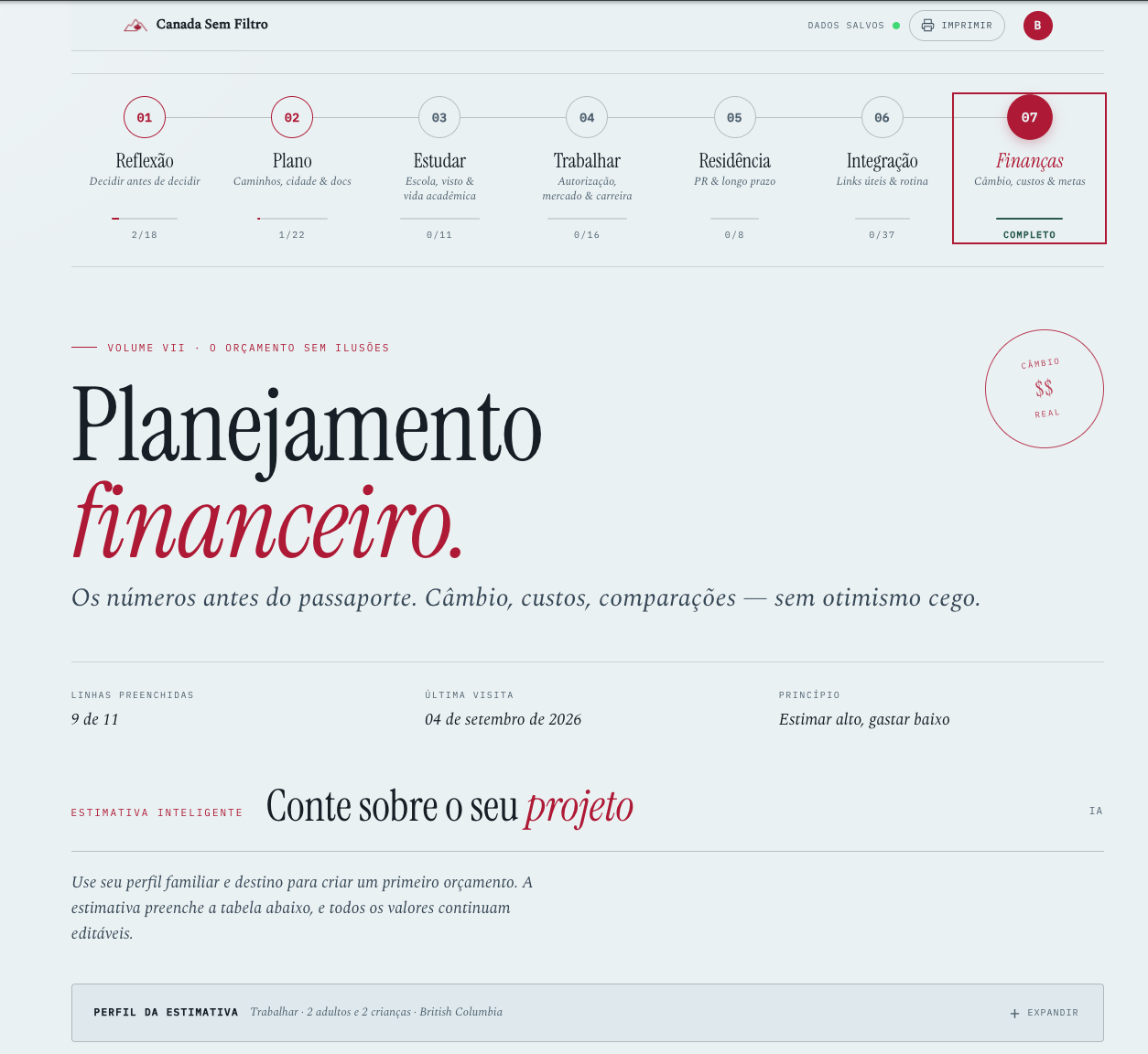 Tela de planejamento financeiro do Diário de Bordo