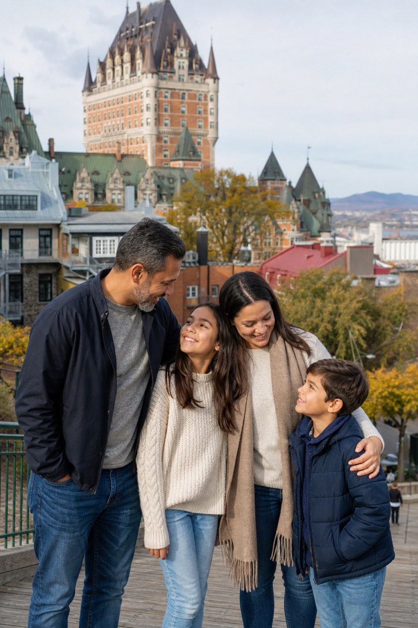 Família feliz diante do Château Frontenac e da paisagem histórica da cidade de Québec