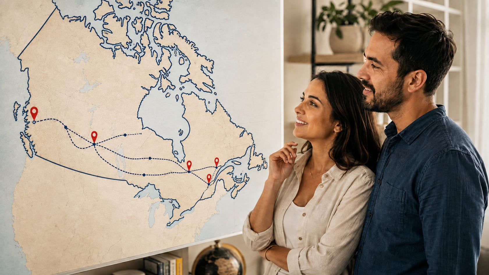 Casal planejando sua mudança diante de um mapa do Canadá com diferentes rotas e cidades marcadas
