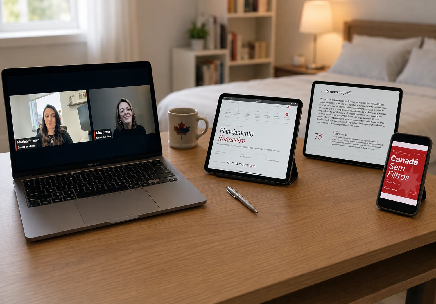 Vídeo aulas, Diário de Bordo, eBook e diagnóstico do Meu Mapa Canadá apresentados em dispositivos