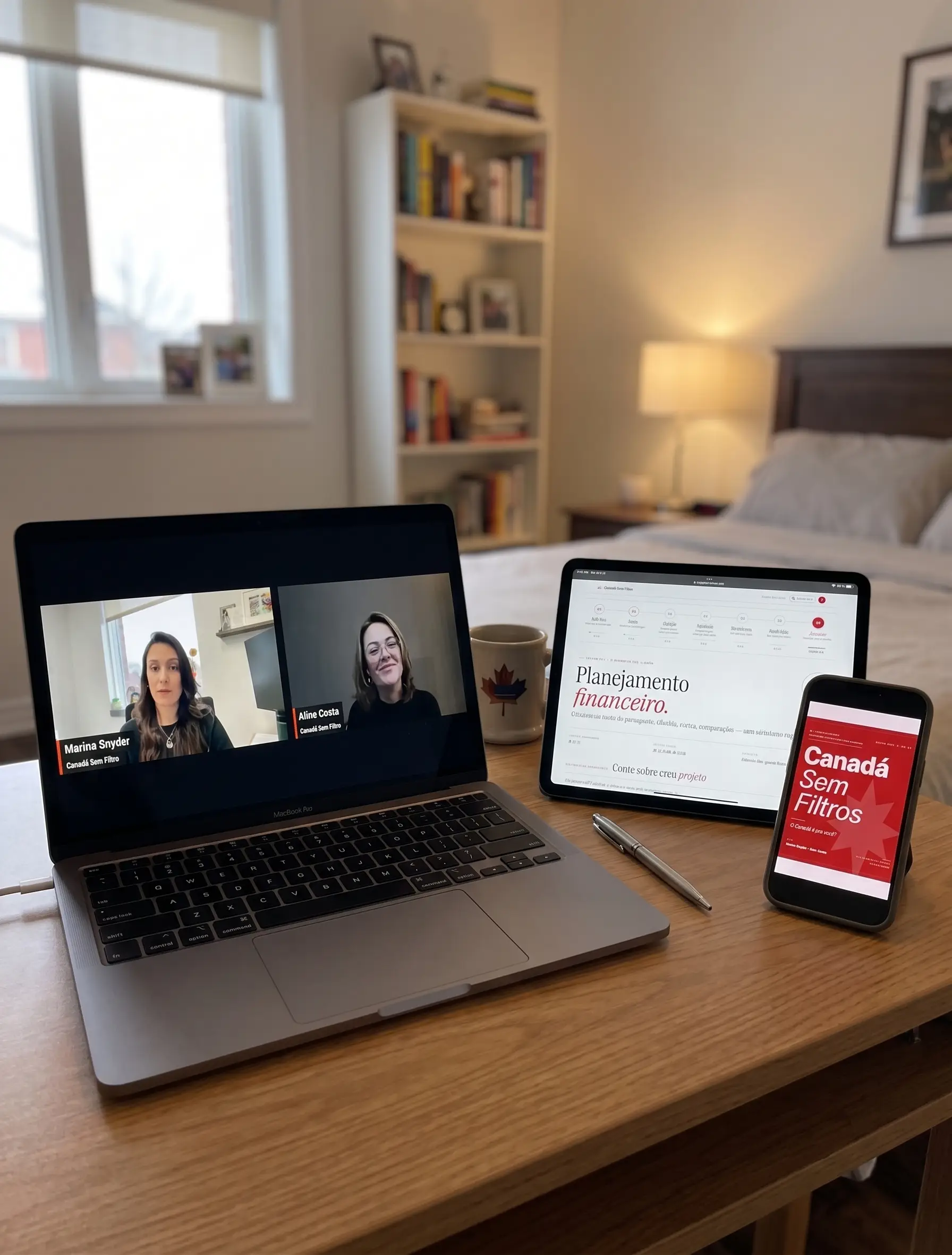 Mockup do kit Canadá Sem Filtro com videoaulas, eBook e Diário de Bordo