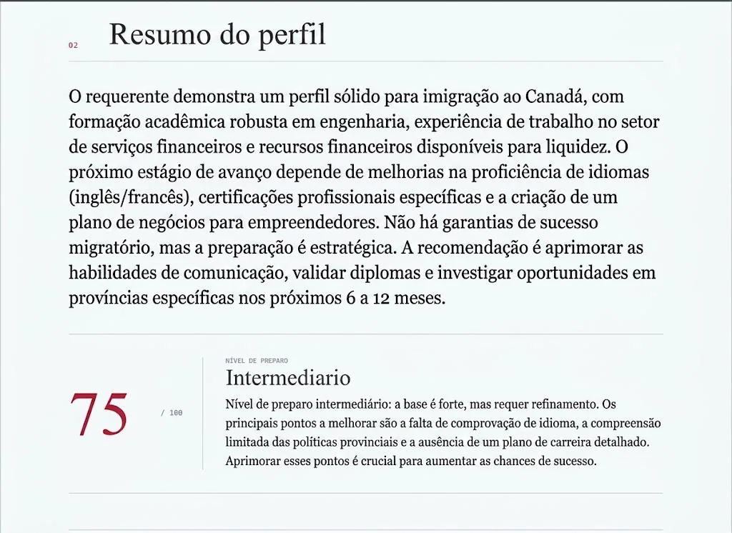 Exemplo de resumo personalizado apresentado pelo simulador do perfil