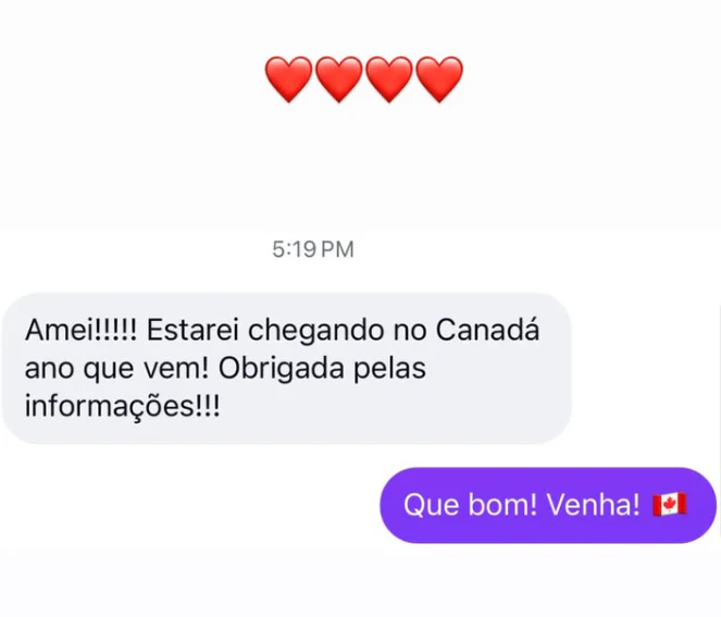 Mensagem real agradecendo pelas informações e contando sobre a chegada ao Canadá