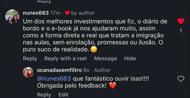 Comentário real destacando o Diário de Bordo, o eBook e a sinceridade das aulas